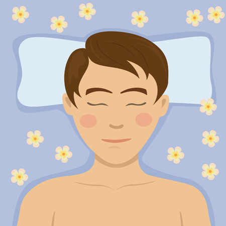 Young man having relaxing flower treatment in spa salon lying on massage desk. Top viewのイラスト素材