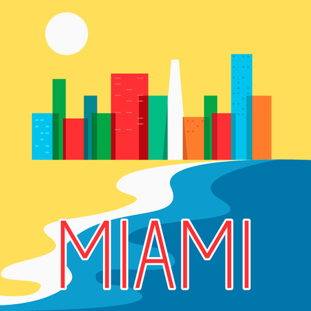 Miami abstract skyline city skyscraper flat colorful vector illustrationのイラスト素材