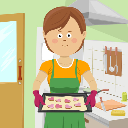 Cute young woman baking cookies in kitchenのイラスト素材
