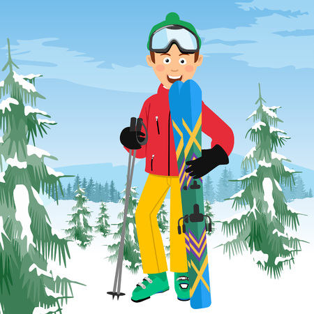Young happy skier with ski poles poses in coniferous forest in mountainsのイラスト素材