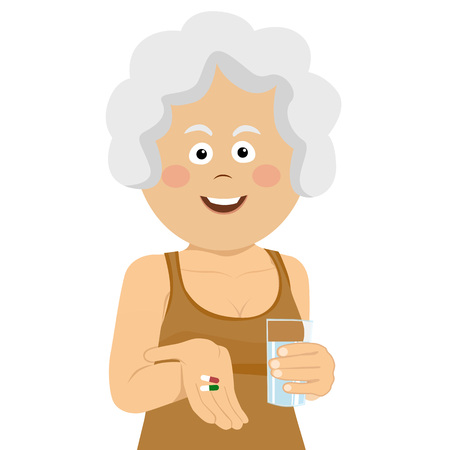 Elderly happy woman holding two pills and glass of waterのイラスト素材