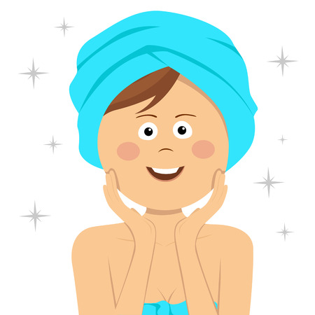 Young cute woman showing her facial skin with the hair coiled by towelのイラスト素材
