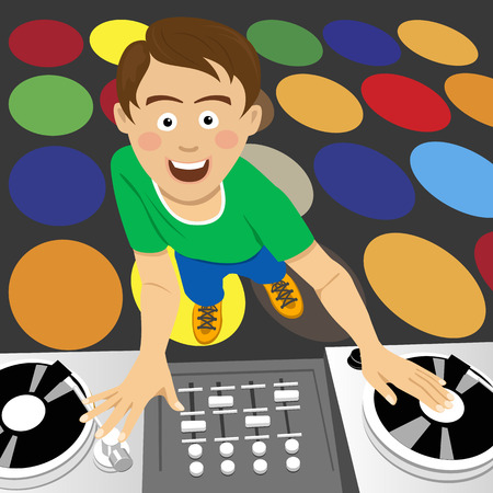 Young disk jockey for the vinyl disks and mixer in club.のイラスト素材