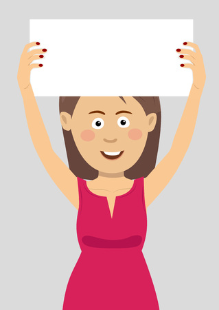 Young woman holding an empty blank board over her headのイラスト素材