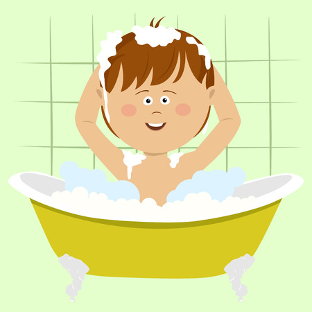 Smiling beautiful baby boy bathing in bathtub with shower at homeのイラスト素材