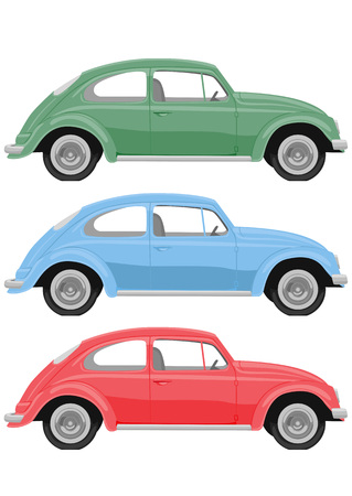 Multicolored retro cars on a white background. Vintage car in a realistic style, side viewのイラスト素材