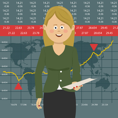 Anchorwoman on tv broadcast news. Media on television concept with globe map background. Breaking newsのイラスト素材