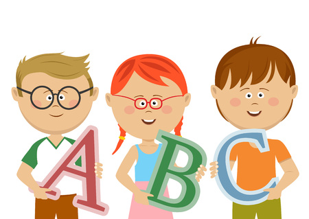 Group of little kids holding ABC letters on whiteのイラスト素材