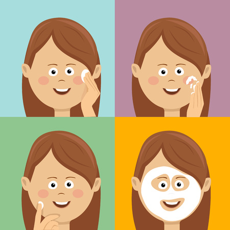 Face cleanse skin care routine. Beautiful woman step by step improves her skin condition. Skin care concept.のイラスト素材