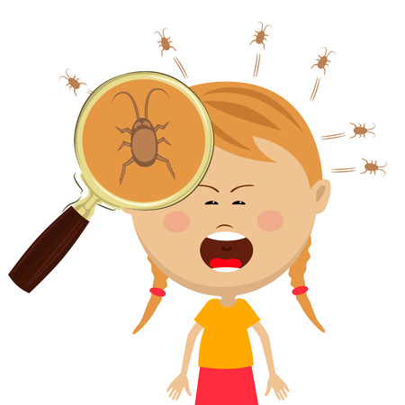 Magnifying glass shows lice in the head of cryng little girlのイラスト素材