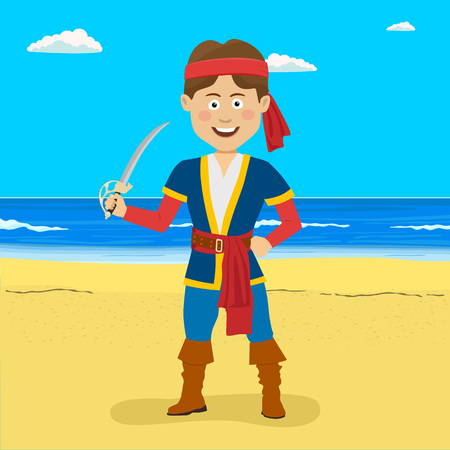 Pirate boy with sword standing at the tropical beach.のイラスト素材