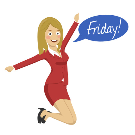Office woman happy when weekend arrive. Work completed. Back to home.のイラスト素材