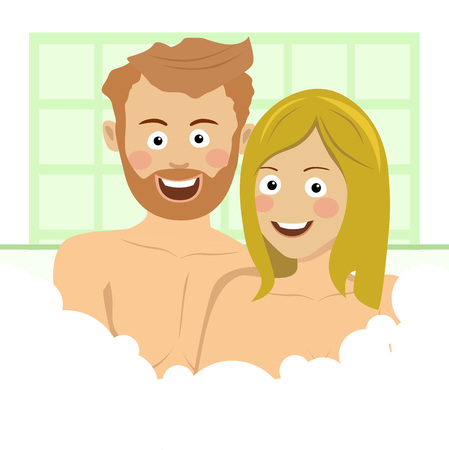 Young beautiful couple enjoying a bath, embrace. Bubbles and foamのイラスト素材