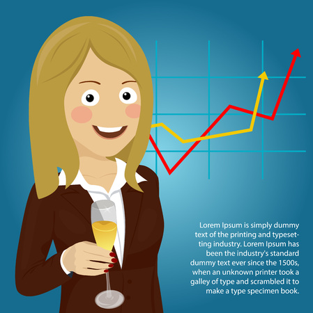 Young happy business woman showing her champagne glass against positive graphのイラスト素材