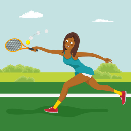 Young beautiful african american tennis girl on the tennis court. Dynamic movementのイラスト素材