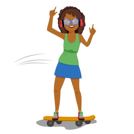 Happy funny african american woman in headphones listening to music while riding a skateboard isolated