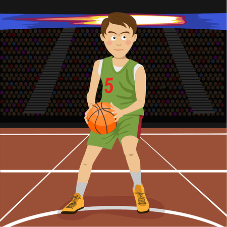 Young basketball player on big professional arena during the game. Tense moment of the game. Vector illustrationのイラスト素材