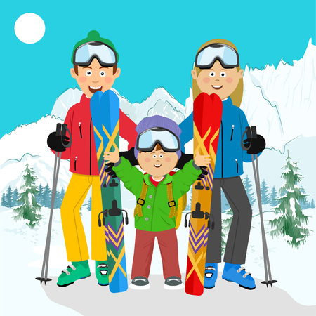 Happy family on ski holiday in the mountains. Family ski vacationのイラスト素材