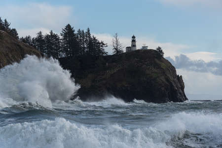 Lighthouse on the coast of the Pacific Ocean in Washington State.の写真素材