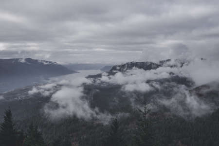 Foggy morning in the mountains. View from the top of the mountain.の写真素材