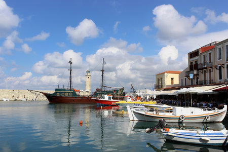 Beautiful sailboat in the bay on a sunny day (Greece, Rethymnon)のeditorial素材