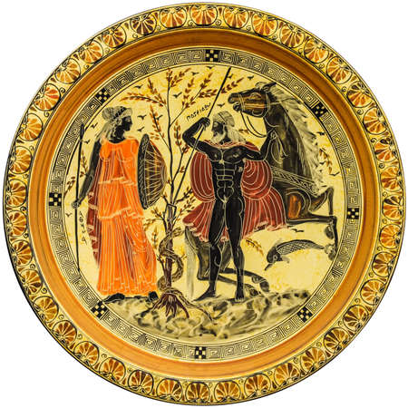 Ancient Greek plate with image Poseidon and Athenaの写真素材