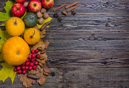 Pumpkins and apples on the wooden table. Flat lay.の写真素材
