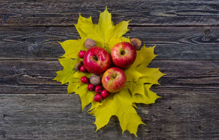 Red apples and walnuts on autumn leaves. Wooden dark background. Flat lay.の写真素材