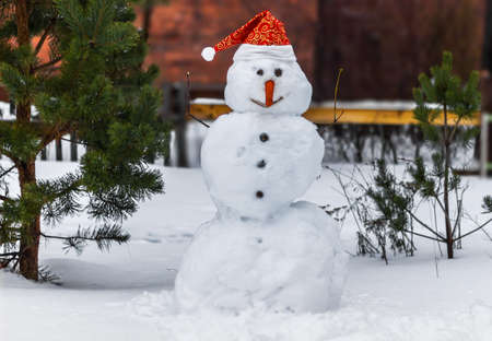 Smiling Snowman in a Santa Claus hat. Christmas theme.の写真素材