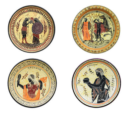 Set of four ancient Greek dishes isolated on white background. On a plate image of Athena, Aphrodite, Achilles and Tethys. Mythical heroes and gods.の写真素材