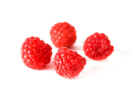 Four berries ripe raspberry isolated on white backgroundの写真素材