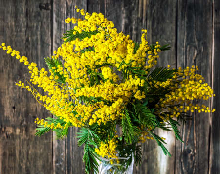 Beautiful bright bouquet of mimosa on a wooden background. Close-up. Spring bouquet with yellow flowers and green leaves.の写真素材