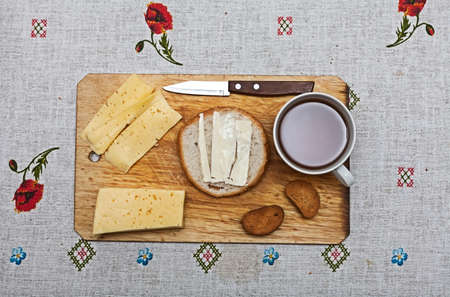 Still life with breakfast on a cutting boardの写真素材