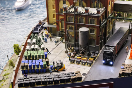 Saint-Petersburg, Russia - January 03th 2015: Museum Grand Maket Rossiya - View of the mock-up of the garbage processing plant. Receiving terminal. Delivery of waste by trucks.のeditorial素材