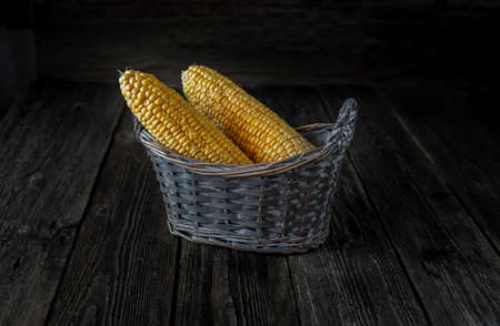 Corn corn in a basket on a wooden table. Low key.の写真素材
