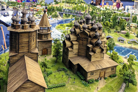 Saint-Petersburg, Russia - January 03th 2015: Museum Grand Maket Rossiya - A model of a wooden church on the island of kizhi. World famous monument of wooden architecture.のeditorial素材