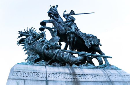Stockholm, Sweden - January 05th 2015: Monument to St. George in Stockholm. Old Town (Gamla Stan) isolated on White.のeditorial素材