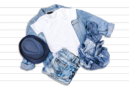 White T-shirt and Jeans Jacket on a White Wooden Background - Flat Lay, Ttop View