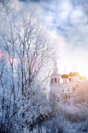 View of the Orthodox church on a winter day - icy branches and the sunの写真素材