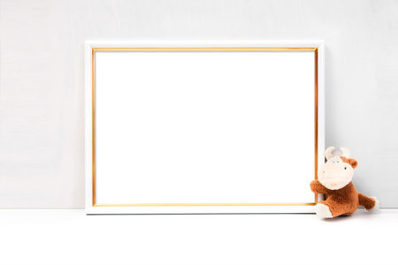 A4 Frame Mockup, Landscape Orientation White and Gold Frame
