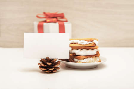 Smore - sweet dessert - cookies, chocolate and marshmallows - traditional dessert - card mock upの写真素材