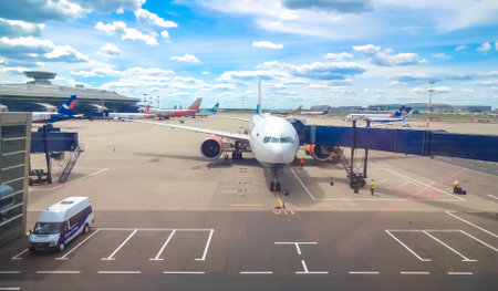 RUSSIA, MOSCOW - June 25, 2019: view of the airfield of Vnukovo Airport - preparing the aircraft for the flight.のeditorial素材