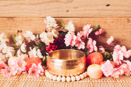 Tibetan singing bowl for deep relaxation and meditation. Authentic handcrafted meditation bowl.の写真素材