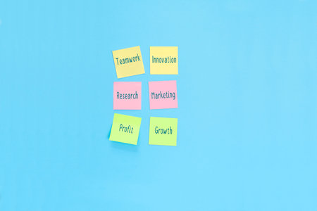Colored stickers with handwritten business related inscriptions. Growth strategy concept.