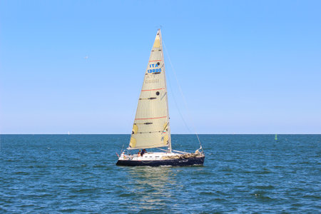VARNA, BULGARIA â JULY 09, 2016. Sailing yacht on the background of the blue sea. Beautiful view of the sea bay.のeditorial素材