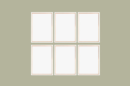 Six vertical white and gold frames on a khaki background. frame mockup for your design.