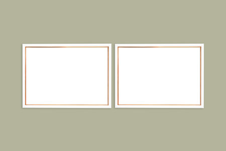 Two horizontal white and gold A4 frames on a khaki background. frame mockup for your design.の写真素材