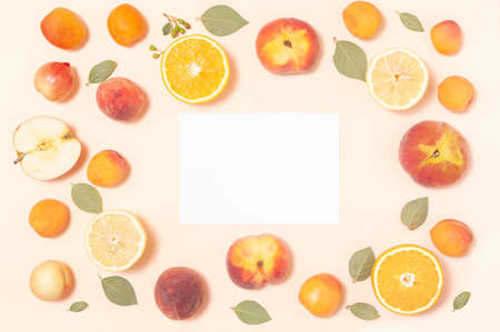 Tropical fruits on pink background - creative summer flat lay for designの写真素材