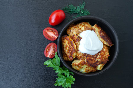 Pancakes from zucchini with vegetables and sour cream - dark background - traditional dishの写真素材