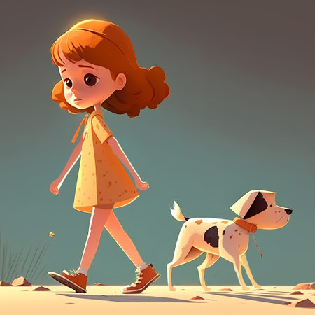 A girl walks with a dog. Cartoon character Generative AI.の素材